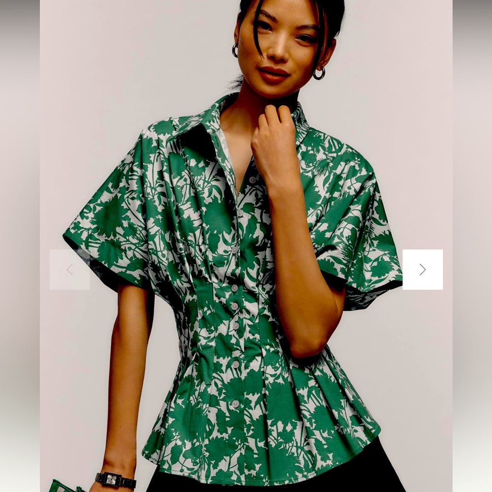 Anthropologie Green and White Floral Button-Front Peplum Blouse